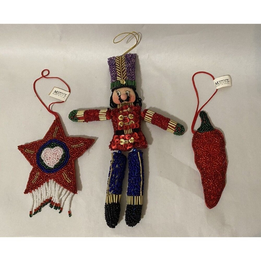 Beaded Ornaments Lot Of Three - 2 Midwest  & 1 Beaded & sequined vintage solider